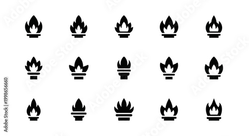 Black flame icons, fire symbols, blazing emblems, vector graphics