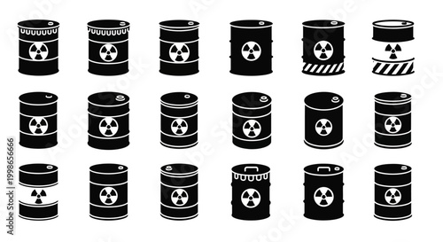 Radioactive barrel icons, hazardous waste symbols, nuclear warning signs, black and white vector graphics