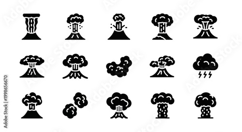 Canvas Print Explosion, blast, detonation icons, 16 black vector symbols, nuclear bomb, volca