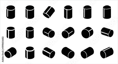 Black cylinder shapes, 3D tubes, cylindrical icons, geometric forms, vector graphics