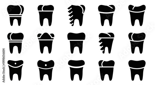 Dental icons, tooth silhouettes, black teeth symbols, dental health illustrations, vector graphics