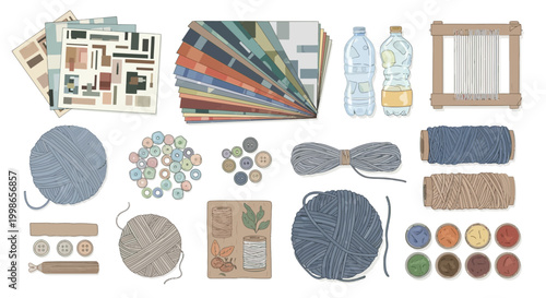 A detailed flat lay of various crafting supplies, all made from recycled items.