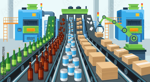 A flat design vector illustration of a modern recycling plant. Conveyor belts are moving various types of sorted waste