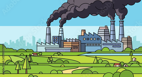  illustration of a cityscape with industrial factories emitting stylized, dark smoke plumes that form an ominous cloud over a bright, green landscape. Juxtaposition of pollution and nature, clean line