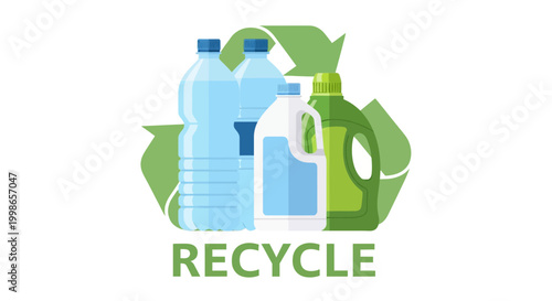  illustration of a collection of common household plastic waste items – water bottles, milk jugs, detergent containers – arranged aesthetically, with a prominent 'recycle' arrow symbol integrated.