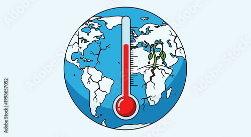 A stylized flat design vector art of the Earth with a large, red thermometer indicating a dangerously high temperature. Cracks appear on the continents, and a single wilting plant is shown on one land