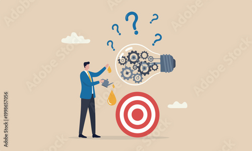 Maintenance red bullseye target to invent new business ideas concept, businessman drop lubricant or grease into open lightbulb lamp with mechanical gears