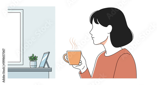 Minimalist line art vector graphic depicting a person enjoying a morning coffee, with steam rising from the mug, simple kitchen counter in the background, clean lines, flat colors, daily life theme.