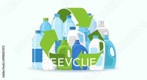 Flat design vector illustration of a collection of common household plastic waste items – water bottles, milk jugs, detergent containers – arranged aesthetically, with a prominent 'recycle' arrow 