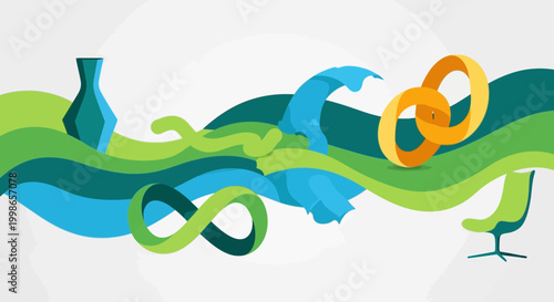 A flat design vector abstract composition celebrating plastic recycling. Stylized waves of recycled plastic forming new, useful shapes or abstract art, with a focus on vibrant, sustainable colors and 