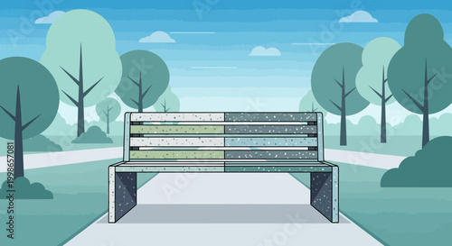 A conceptual design for an eco-friendly park bench made entirely from recycled plastic. The bench should be shown in a serene, minimalist park setting with stylized trees and a pathway. Flat Design, v