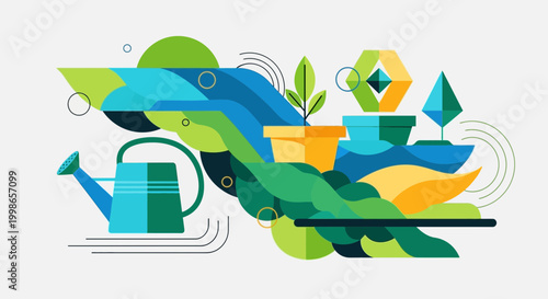  composition celebrating plastic recycling. Stylized waves of recycled plastic forming new, useful shapes or abstract art, with a focus on vibrant, sustainable colors and strong, clean lines.