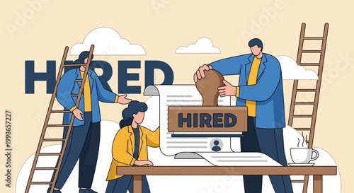 Recruitment concept with people stamping hired on a document