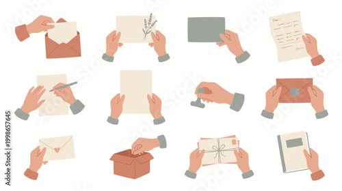 Secretary hands holding office paper sheets, envelopes, stamps and letters in flat illustration style, concept for postal correspondence, administrative paperwork and business communication