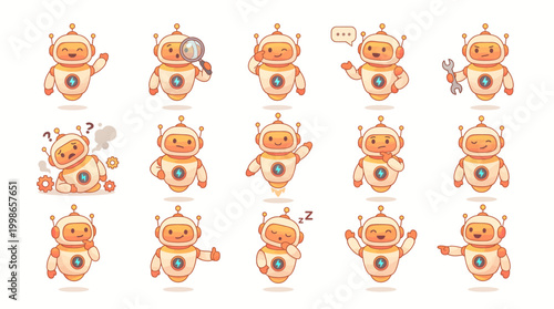 Cute robot mascot character set with various poses including flying, thinking and repairing, concept for chatbot interface, artificial intelligence marketing and technical support service