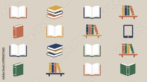 Collection of book icons featuring open pages, stacked hardcovers, bookshelves and a digital tablet on a plain background, concept for educational resources, digital library and bookstore apps