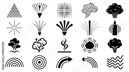 Collection of black aerosol spray icons featuring mist nozzles water jets and steam patterns on white background, concept for product branding, industrial cleaning and cosmetic packaging design