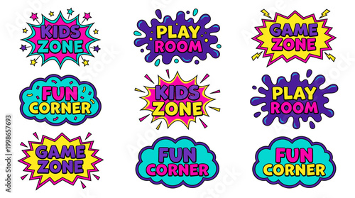 Vibrant collection of colorful comic speech bubbles and burst labels for kids zone play room game zone, concept for playground signage, children interior decoration and nursery branding