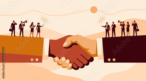 Diverse executive hands shaking with professional teams of managers and directors standing on the arms in flat vector style, concept for corporate partnership, merger and collaboration