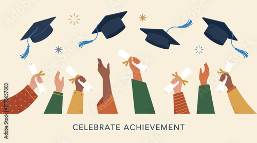 Management trainee graduates hands throwing academic caps and holding diplomas with ribbons, concept for career achievement, corporate training success and business milestone celebration