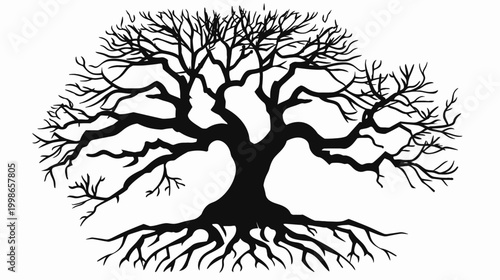 Silhouette of a bare tree with roots against a white background
