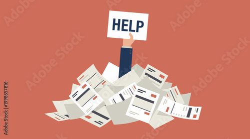 Professional accountant hand reaching out from a huge pile of paperwork while holding help sign, concept for workload management, corporate burnout and administrative crisis