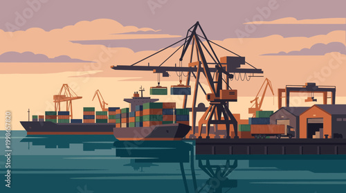 Industrial shipping port terminal illustration with cargo ships and gantry cranes loading containers during sunset, concept for global logistics, international trade and maritime supply chain