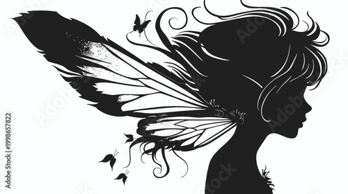 Silhouette of a fairy with butterfly wings in a vector illustration