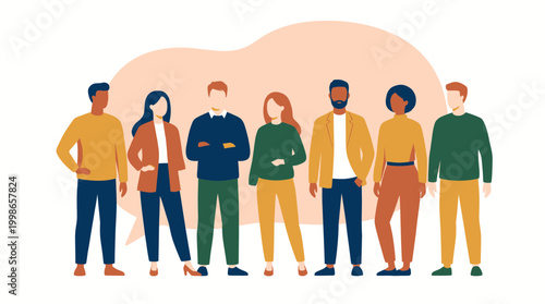 Diverse group of professional managers, executives and office staff standing together with speech bubble background, concept for team collaboration, corporate communication and recruitment