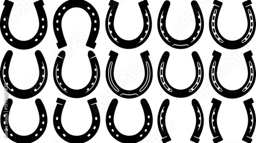 Set of various black horseshoe silhouette icons and lucky charm symbols isolated on white background, concept for graphic design elements, western theme branding and equestrian sports decoration