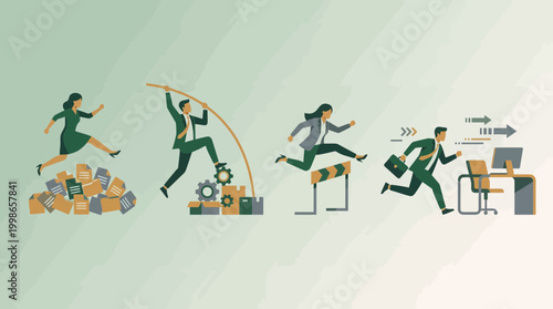 Professional managers and executives jumping over obstacles and hurdles to reach their office workstations, concept for career growth, overcoming business challenges and workflow efficiency