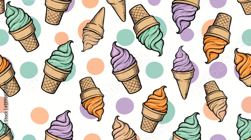 Seamless pattern of hand drawn colorful soft serve ice cream cones and pastel polka dots on white background, concept for fabric printing, dessert menu wallpaper and summer branding design