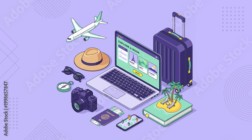 Isometric illustration of travel accessories with laptop booking website, suitcase, airplane and passport, concept for online flight reservation, vacation planning and digital tourism agency
