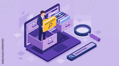 Professional data analyst in suit holding yellow folder labeled data retrieval on laptop with digital file cabinet, concept for database management, information storage and cloud efficiency