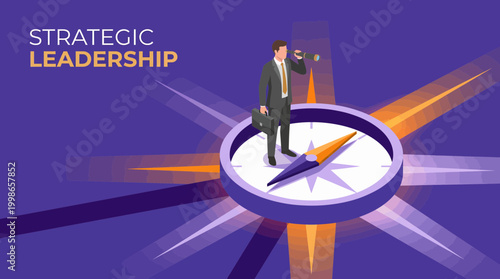 Isometric professional CEO standing on a giant compass while using a telescope to look forward on purple background, concept for business vision, corporate strategy and management guidance