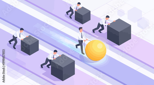 Isometric office employees pushing heavy blocks while a smart project manager pulls a golden sphere, concept for business efficiency, leadership advantage and innovative strategy