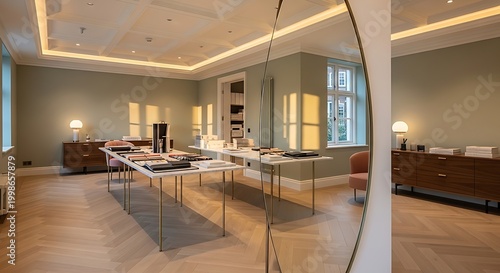 Modern office interior with minimalist furniture and mirror reflection