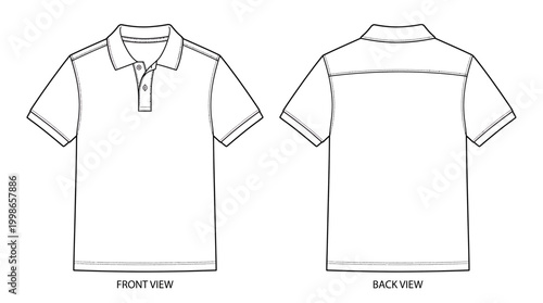 Minimalist blank white short sleeve polo shirt technical flat sketch showing front and back views with button collar, concept for fashion design, apparel mockup and garment manufacturing