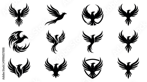 Set of mythical black phoenix bird silhouette logo collection icons isolated on white background, concept for corporate branding, sports team identity and creative graphic design