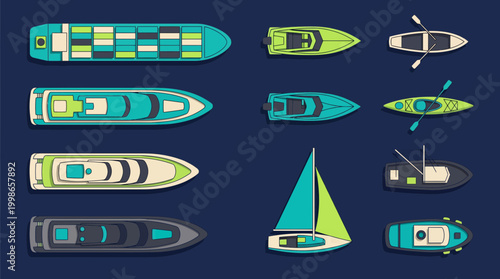 Top view set of various nautical vessels and maritime ships on dark background including yacht sailboat cargo and boat, concept for transport infographic, maritime logistics and travel marketing