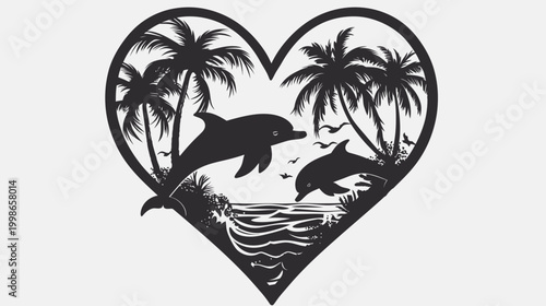 Silhouette of dolphins and palm trees in a heart shape vector illustration