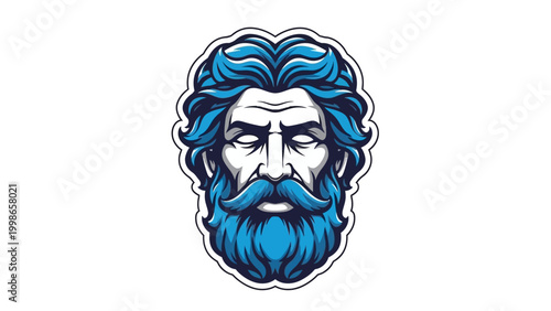 Stylized illustration of a bearded figure with blue hair and mustache on white