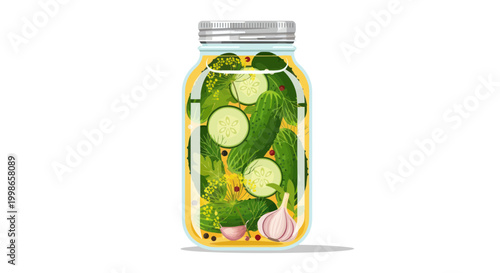 Homemade Pickles Jar: Cucumbers, Garlic, Dill, Peppercorns in Brine