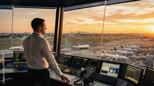Air Traffic Controller Manages Airport Operations at Golden Sunset
