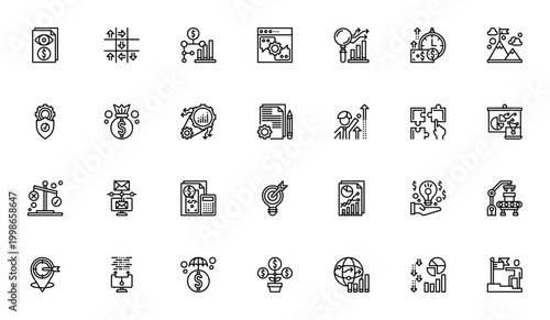 Business icon set. Vector collection featuring Vision, Tactics, Strategy, Stats, Money, Success, Shield, Risk, and more. Editable thin line icons.