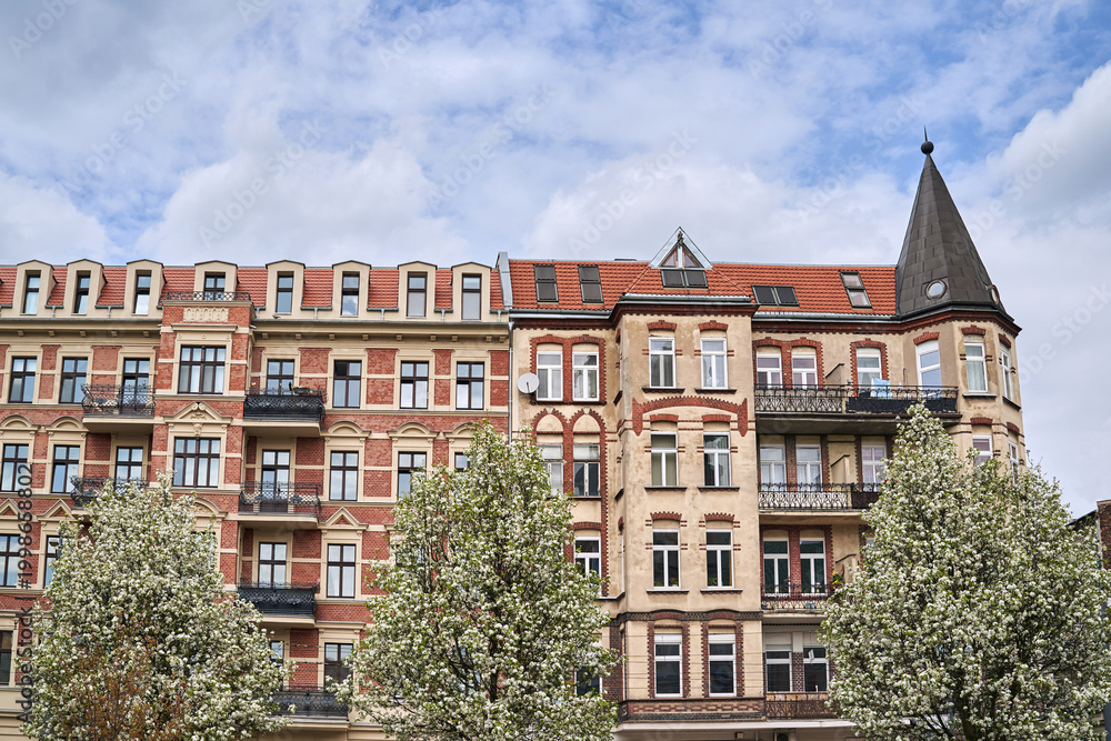 Fototapeta premium Branches and flowers of blooming fruit trees against the facade of a historic tenement house in Poznan
