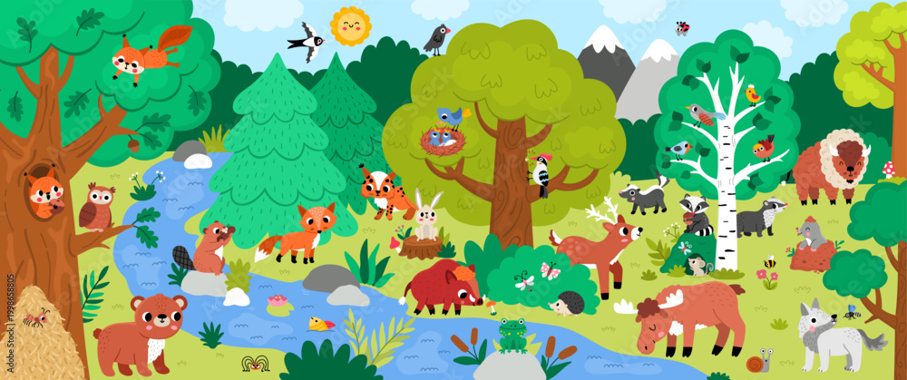 Naklejka premium Horizontal cartoon forest animals border background. Nature woodland landscape with trees, plants, birds, insects, bear, fox, elk, bison. Wildlife panorama scene with stream, beaver, frog, raccoon