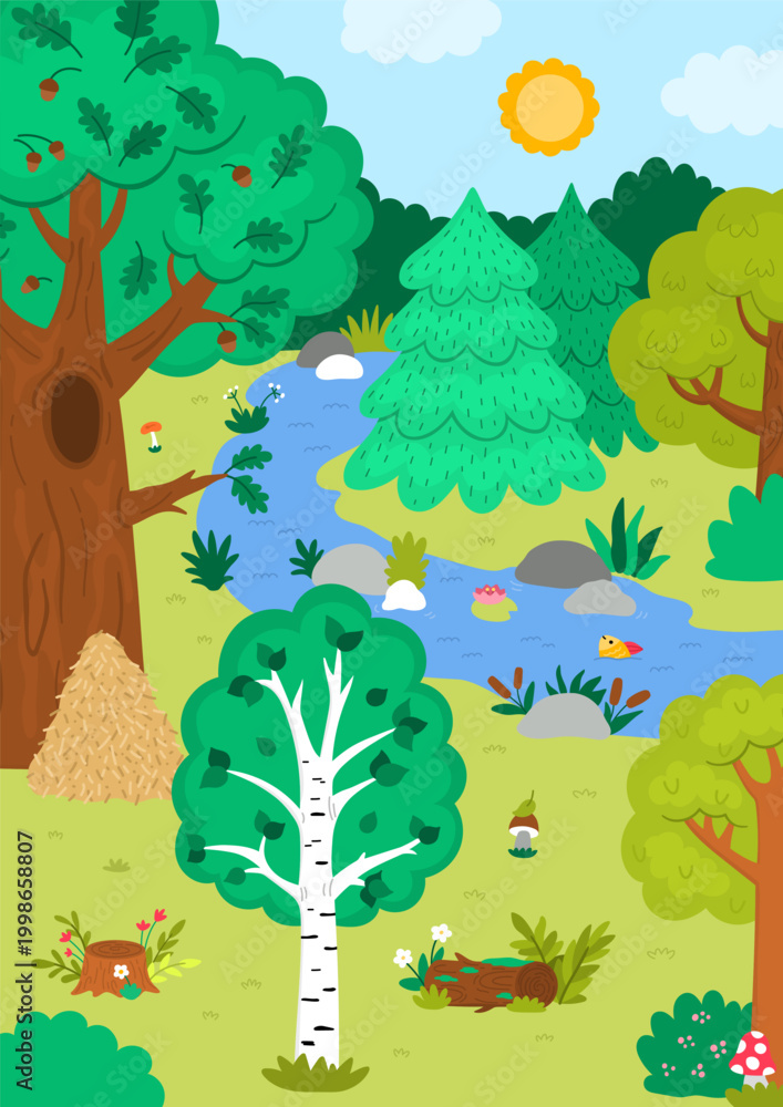 Naklejka premium Vertical cartoon forest background. Empty nature woodland landscape with trees, plants, stream, bushes, acorn, birch, fir tree. Wild thicket scene with anthill, mushrooms, river, log, stump