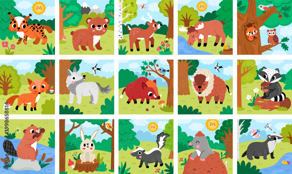 Fototapeta premium Square cartoon forest animals backgrounds set. Nature woodland landscapes collection with trees, plants, birds, insects, bear, fox, elk, bison. Wildlife scenes with stream, beaver, frog, raccoon