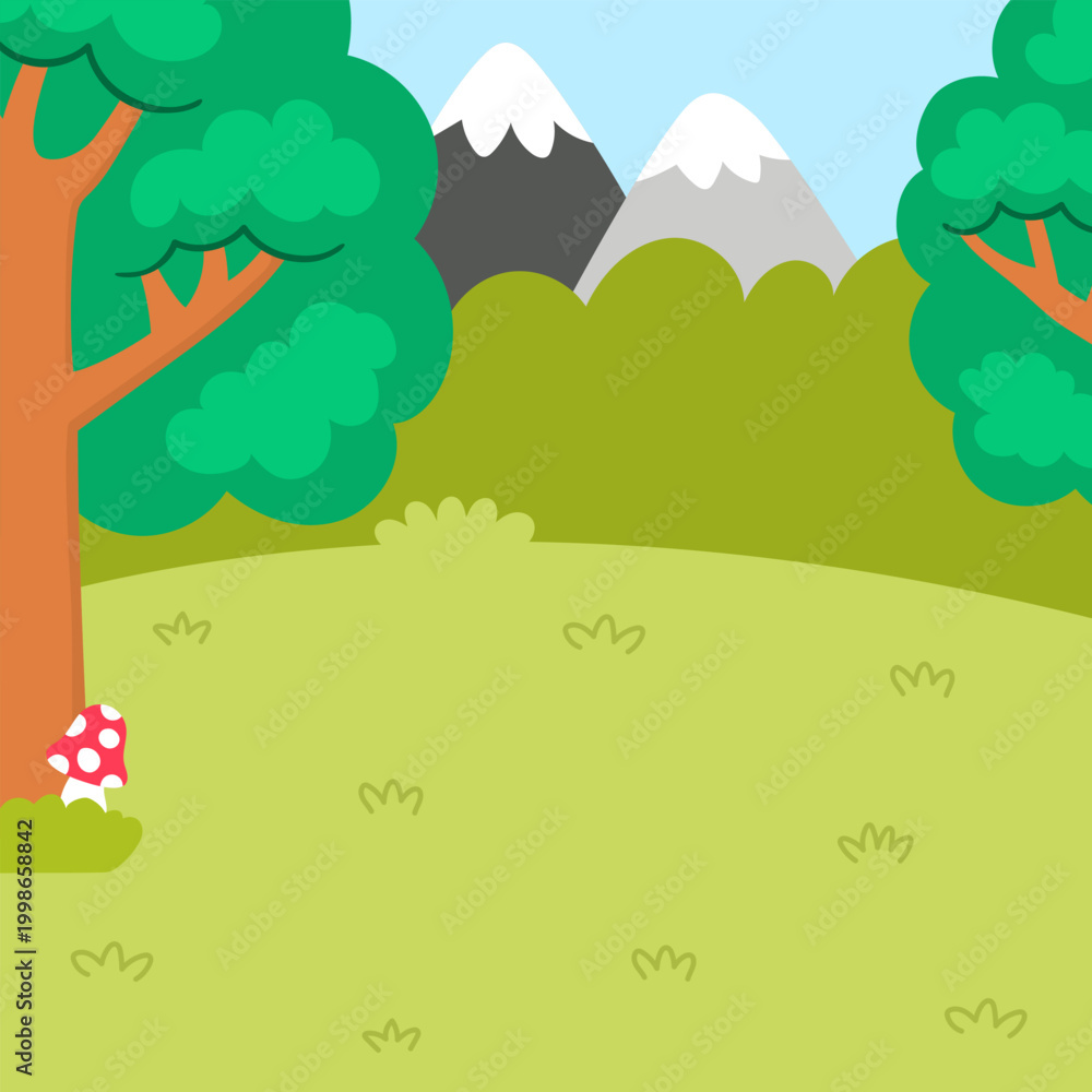 Fototapeta premium Cartoon forest background. Empty nature woodland landscape with trees, plants, mountains, grass. Wild thicket square scene for picture or story book creation